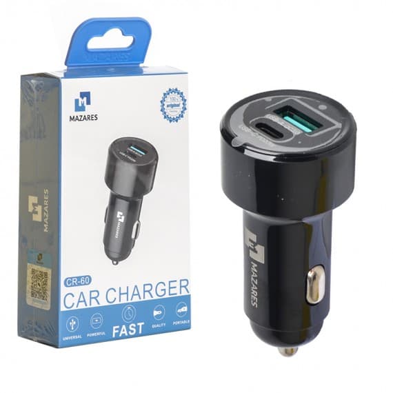 شارژر فندکی 38 وات دو پورت مازارس (MAZARES) مدل CR-60 با  کابل دوسر typc - یزد موبایل